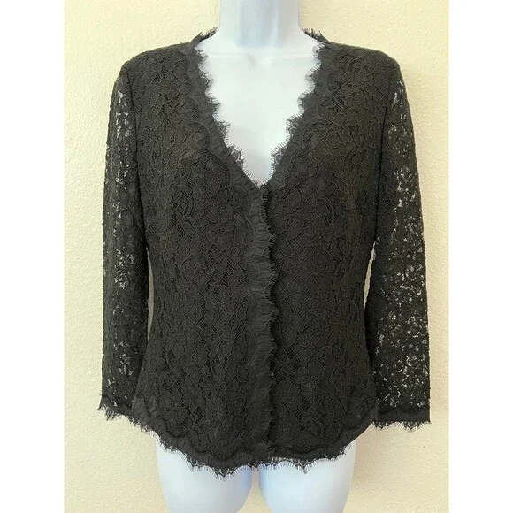 Diane von Furstenberg Shirt 6 Women Blk Lace Top ButtonUp Sheer Long Sleeve $298 - Picture 4 of 12